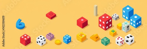 Game dice icons in isometric style with various numbers and colors, perfect for board games and gambling, dice, board games
