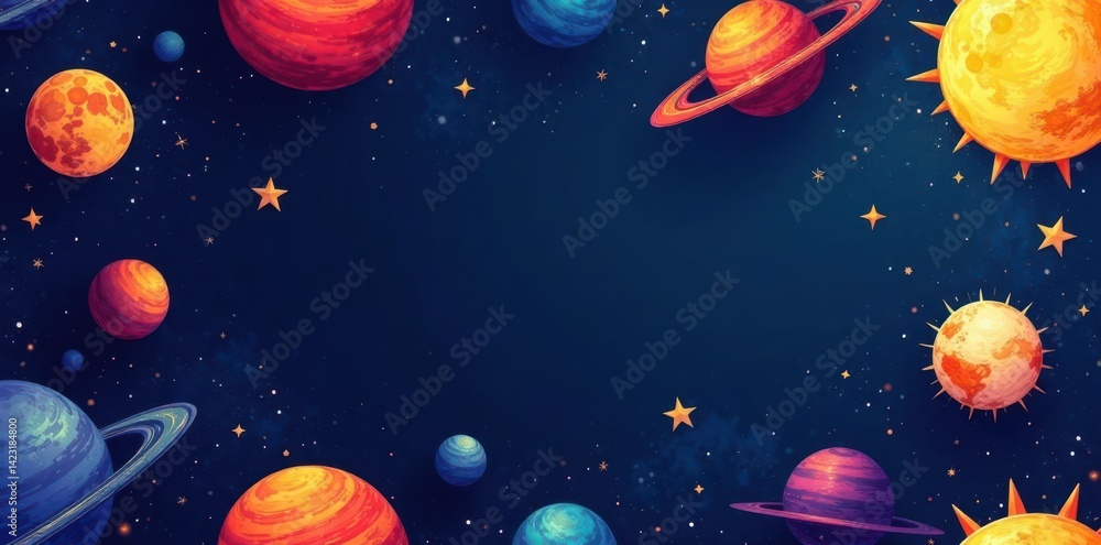 Cosmic pattern featuring stylized moons, suns, and stars in a vibrant color scheme, solar system, celestial patterns Cosmic pattern featuring stylized moons, suns, and stars in a vibrant color scheme, solar system, celestial patterns
