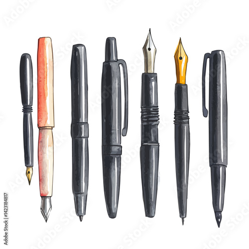 Set Of Black Ink Pens With Fine Tips, vector watercolor illustration, isolated on a white background.