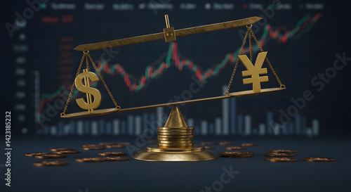USD vs JPY: Currency Exchange Rate Balance on Stock Market Chart