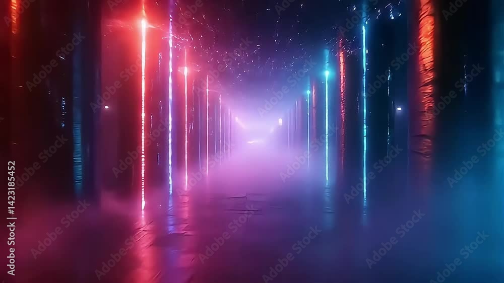 Navigating Abstract Sci-Fi Corridor with Glowing Neon Lights and Mysterious Fog Navigating Abstract Sci-Fi Corridor with Glowing Neon Lights and Mysterious Fog