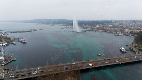 Geneve, Switzerland Aerial View of Lake Fountain, Bridge, and Marina