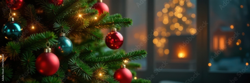 Aromatic evergreen tree stands tall with multicolored glass ornaments and soft glowing lights, surrounded by a warm festive glow, Holiday Decorations, Ornaments Aromatic evergreen tree stands tall with multicolored glass ornaments and soft glowing lights, surrounded by a warm festive glow, Holiday Decorations, Ornaments