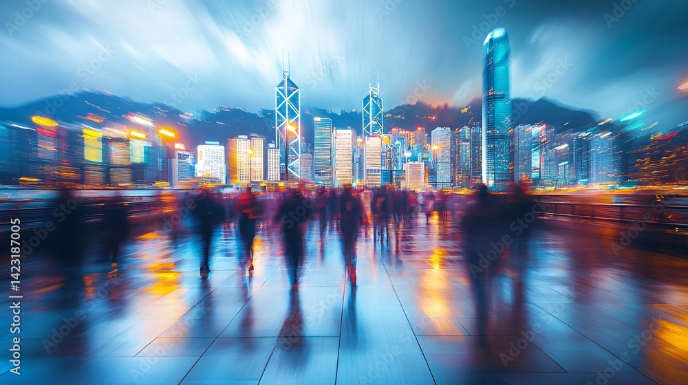 Fototapeta premium Hong Kong night, blurred city crowds, waterfront, vibrant skyline, urban travel