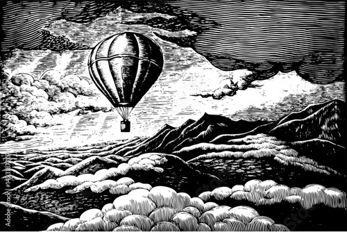 Vintage Hot Air Balloon over Mountains in Black and White Woodcut Style