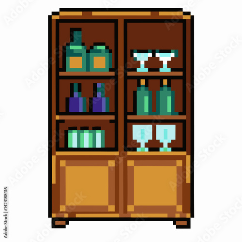 Wallpaper Mural Pixel Art Wooden Cabinet with Shelves of Bottles and Glasses Torontodigital.ca