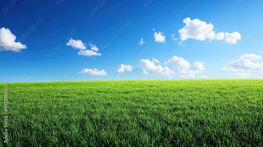 The expansive green field under a bright blue sky with clouds