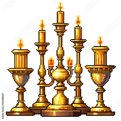 Pixel Art Candlestick Set with Lit Golden Candles in Retro Style