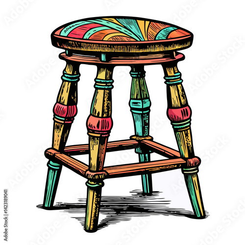 Colorful Vintage Wooden Stool with Intricate Artistic Design