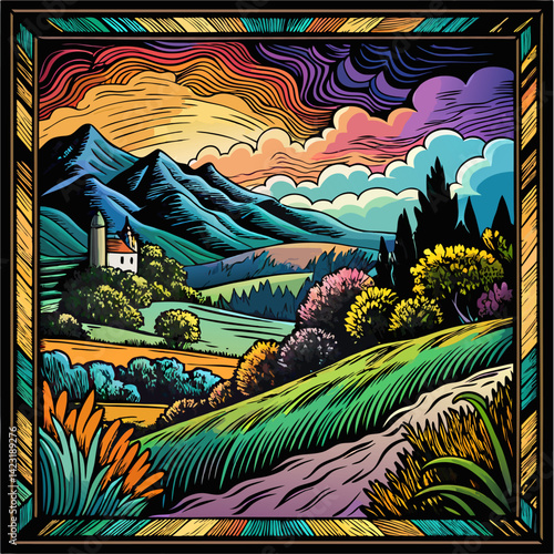 Vibrant Mountain Landscape at Sunset with Rolling Hills and Dramatic Skies