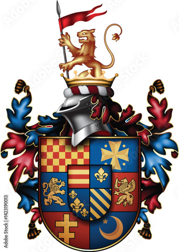 Heraldic shield decorated with a crown with lion and helmet, richly ornamented, on a white background. High detailed realistic illustration