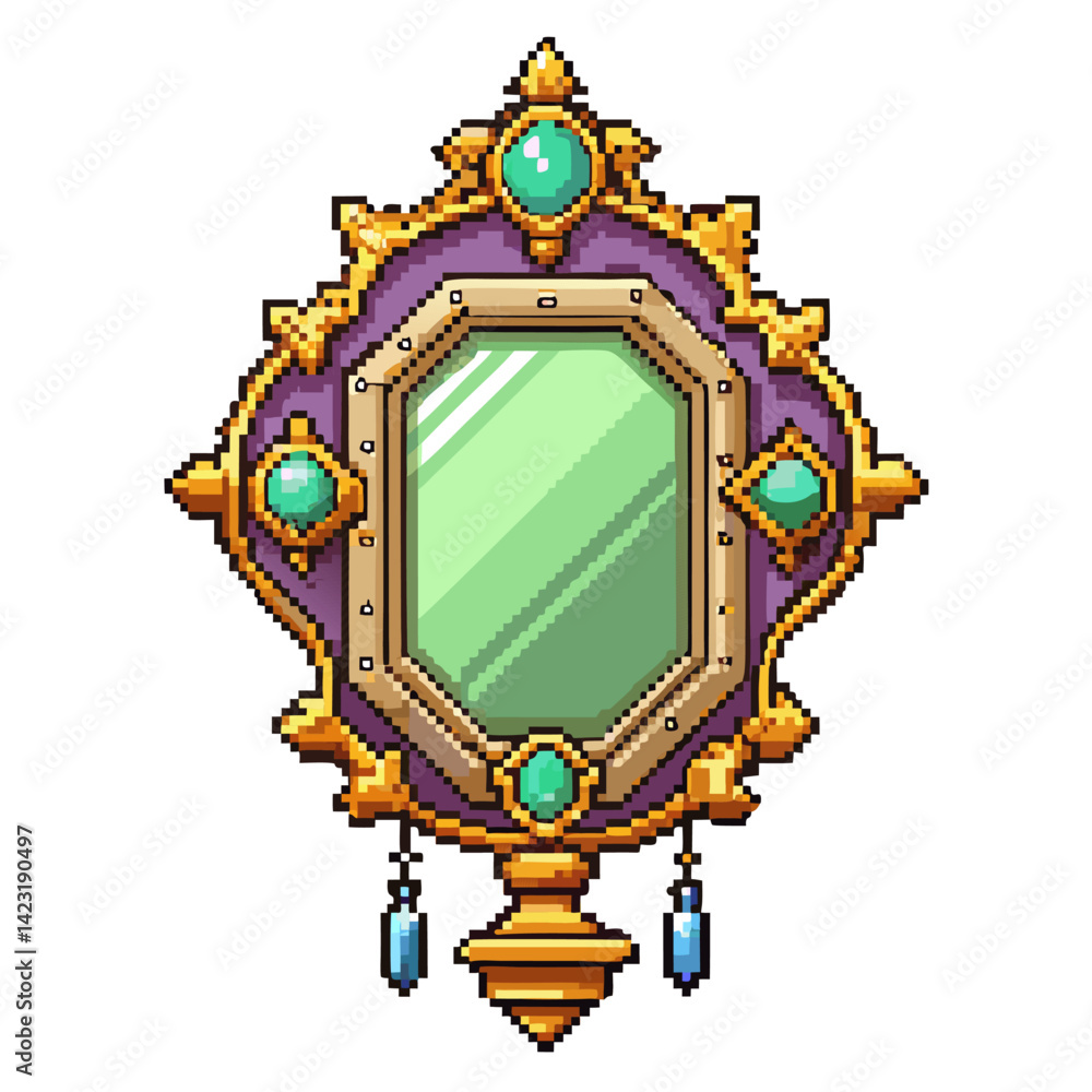 Obraz premium Vintage Pixel Art Mirror with Gemstones Ornate Frame and Retro Design