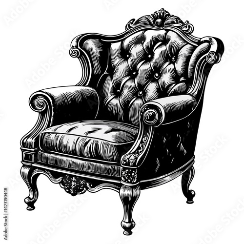 Vintage Ornate Armchair Illustration Detailed Black and White Baroque Design