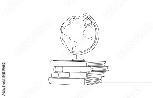 Continuous one line drawing of earth globe on book stack, world of knowledge concept, single line art