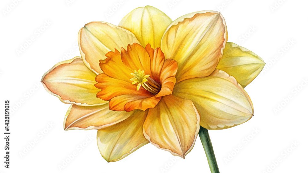 Obraz premium Watercolor Painting of a Single Yellow and Orange Daffodil Flower Blossom