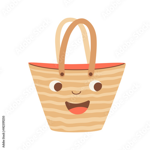 Woven straw bag for the summer beach vacation. Women's bag with a cute face, for a coastal holiday. Eco-friendly functional summer handbag. Vector illustration isolated on a white background.