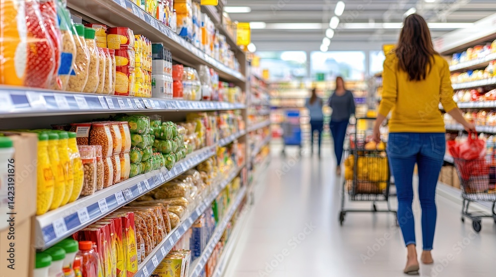Busy grocery store aisle with various goods on shelves and blurred shoppers Busy grocery store aisle with various goods on shelves and blurred shoppers