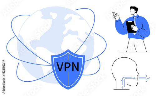 Earth covered by VPN shield with orbit lines, figure pointing while holding notepad, airflow outlining network communication. Ideal for cybersecurity, privacy, online safety, remote connectivity