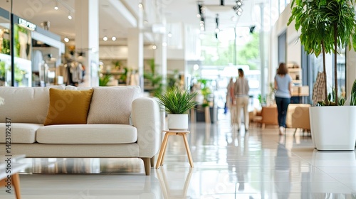Contemporary home goods store with customer selecting furniture, blurred effect 