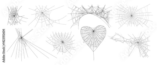 Spooky halloween old cobweb with various sizes and shapes. Old spider web set flat vector illustration for dark gothic decoration for holidays. Corner spider net insect thread cobweb scary frames.