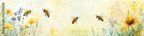 Panel kuchenny z motywem Watercolor honeybee and sunflower design for international bee day, honey festival projects. Yellow, lavender flowers with flying bees pollinating fields. Nature art print