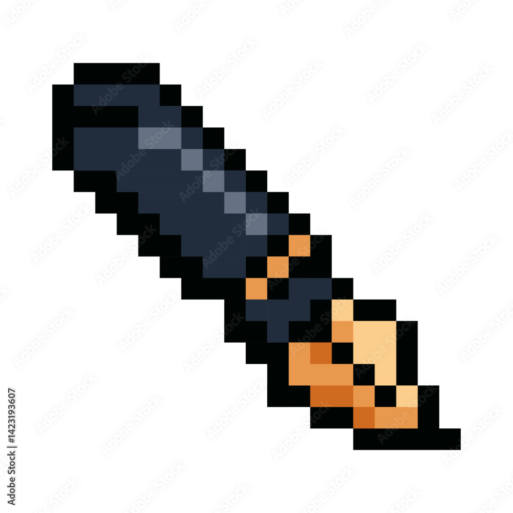 Obraz premium Pixel art fountain pen icon. Retro style black ink pen with gold nib. 8 bit vintage pixelated stationery symbol on white background. Perfect for retro games, mobile apps, websites, or presentation