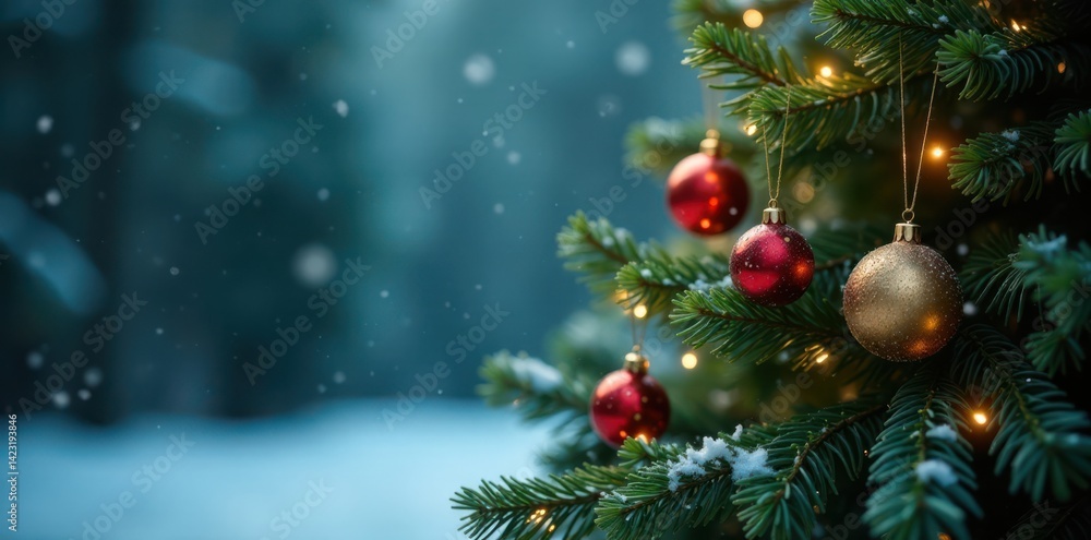 Evergreen tree with glittering ornaments and soft snowfall, Holiday Decorations, Frosty Night Evergreen tree with glittering ornaments and soft snowfall, Holiday Decorations, Frosty Night
