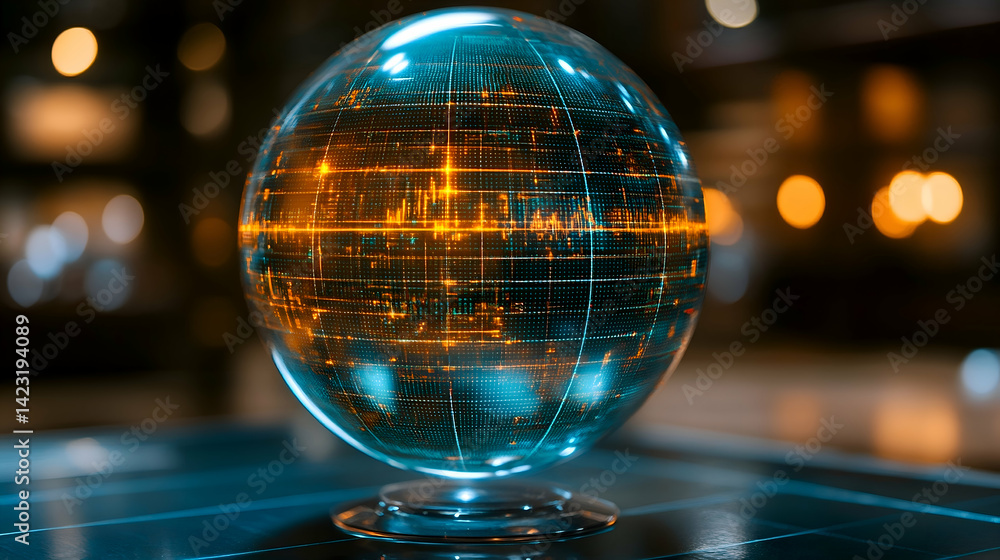 Futuristic sphere with grid-like pattern glowing with warm orange and cool blue lights on shiny surface Futuristic sphere with grid-like pattern glowing with warm orange and cool blue lights on shiny surface