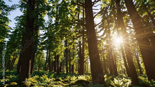 The forest is bathed in a beautiful sunny morning, with sun rays peeking through the trunks of magnificent green coniferous trees, creating an idyllic summer scene