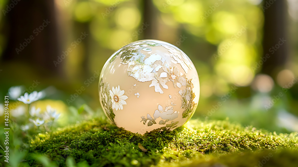 Glass Globe with Floral Design Resting on Moss in a Forest Glass Globe with Floral Design Resting on Moss in a Forest