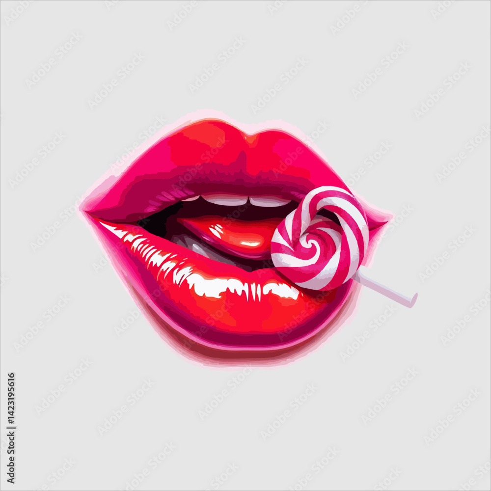 Obraz premium A detailed cartoon illustration of red lips and a pink tongue embracing a glistening lollipop