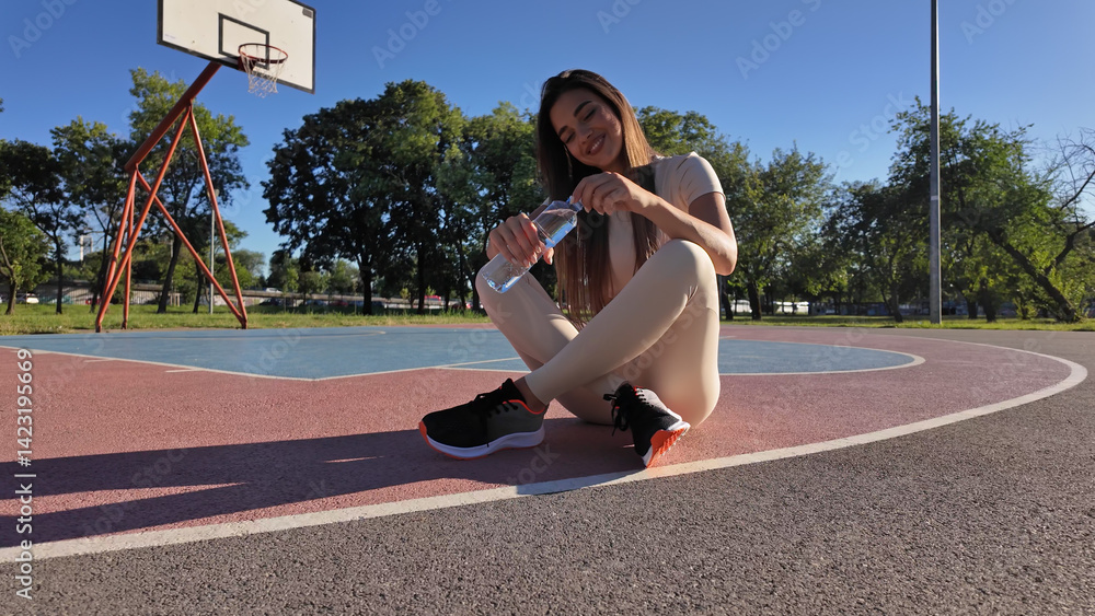 Young exhausted woman drinking water after jogging and exercise in urban park.