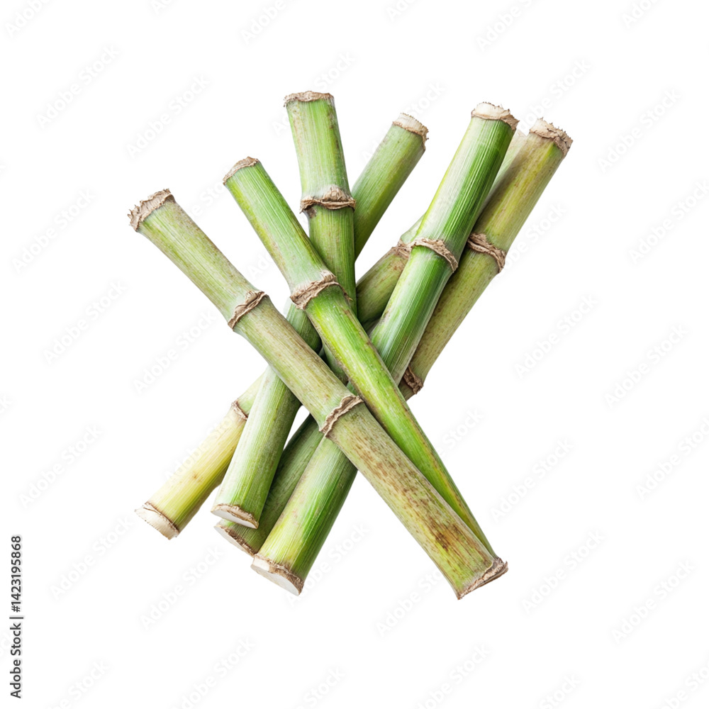 Obraz premium Fresh sugarcane stalks arranged in bundle, showcasing their vibrant green color and texture