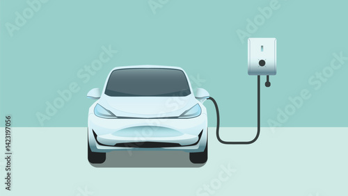 EV car front home view charging station modern vector illustration.