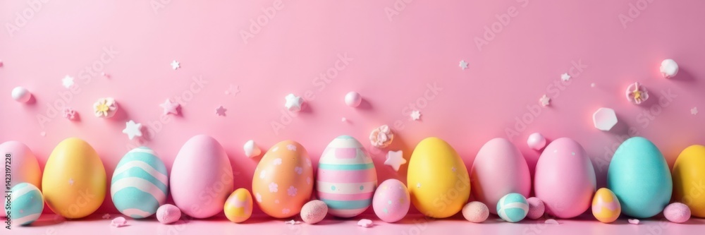 Colorful Easter egg design on pink background with white and pastel shades, , spring colors Colorful Easter egg design on pink background with white and pastel shades, , spring colors