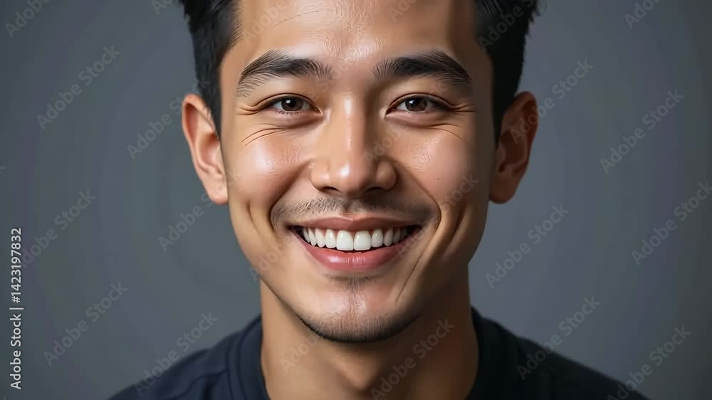 Smiling young Asian man expresses joy and positivity with bright eyes and a warm smile, showcasing happiness and confidence in a relaxed setting Smiling young Asian man expresses joy and positivity with bright eyes and a warm smile, showcasing happiness and confidence in a relaxed setting