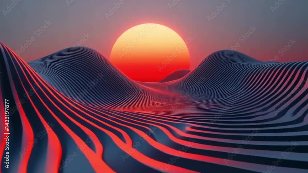 Abstract red sunset over smooth black hills with modern futuristic landscape view