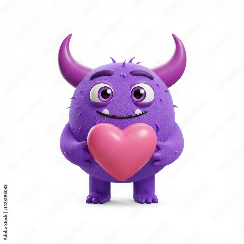 A purple monster with horns holding a pink heart on a white background in a studio shot A purple monster with horns holding a pink heart on a white background in a studio shot