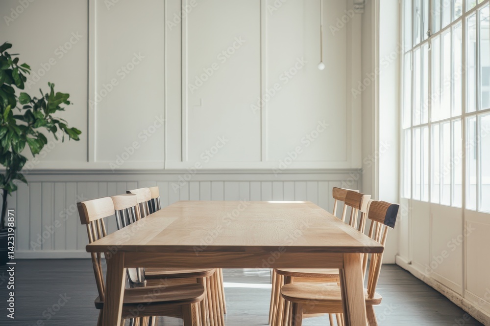 Interior Design Background - Chairs Around a Long Wooden Table in Urban Setting