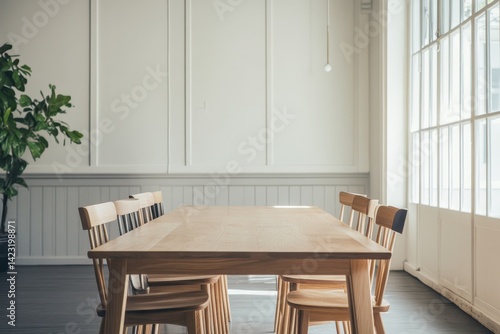 Obraz na płótnie Interior Design Background - Chairs Around a Long Wooden Table in Urban Setting w salonie