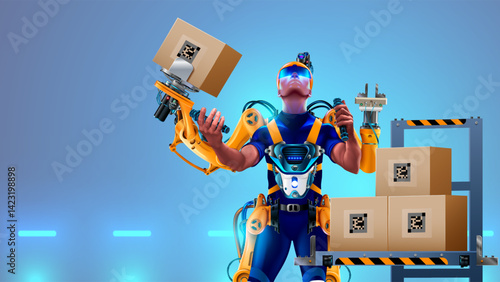 Engineer is working in futuristic bionic exoskeleton and picking up boxes on factory. Robotic exosuit on worker in warehouse. Sci-fi concept exoskeleton suit. Future technology of delivery, logistic.