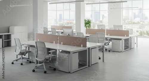 Modern Empty Office Space with Desks, Chairs, and Computer Monitors – Business Workspace Setup