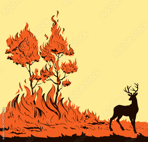 Burning forest. Vector drawing sketch