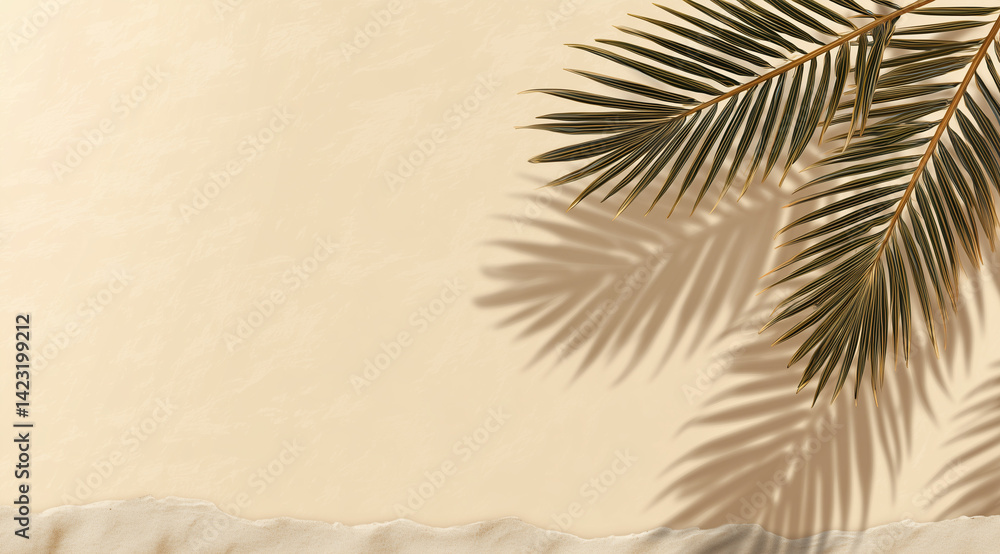 Fototapeta premium Palm leaf casting shadow on sandy surface.