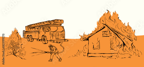 Vector drawing. Unreasonable work. A fireman puts out a bush instead of a house