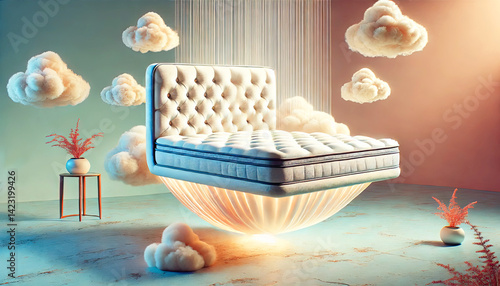 Floating dream bed in surreal clouds, floating bed dream concept, floating bed with dreamy surreal clouds Surreal Bedroom Design Floating Furniture Concept Dreamy Sleep Illustration dream bed