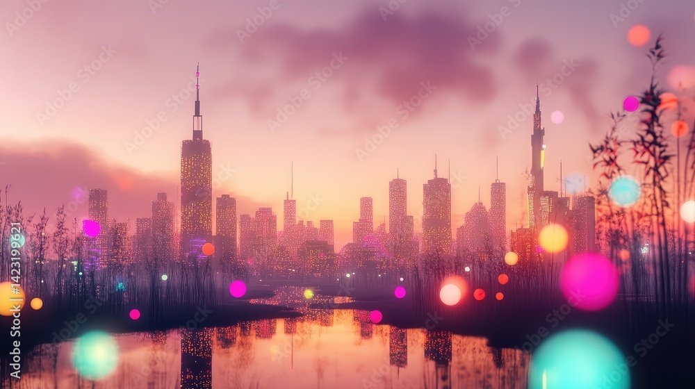 Obraz premium Virtual cityscape networked in the metaverse, colorful lights mapping user paths in a digital ecosystem