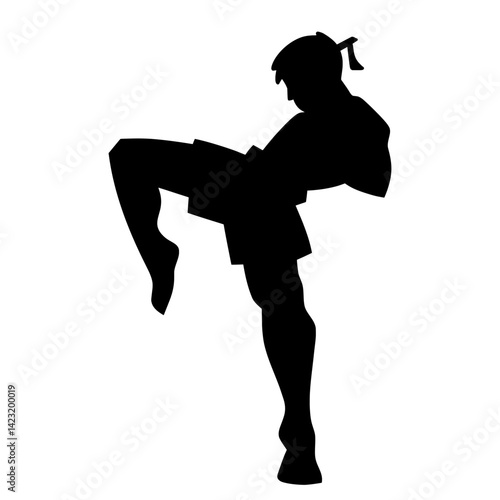 Dynamic silhouette of a Muay Thai fighter executing a powerful knee strike. 