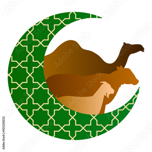 Eid Al Adha crescent moon celebration of kurban qurban Islam holiday celebration icon illustration of goat cow and camel animal sacrifice