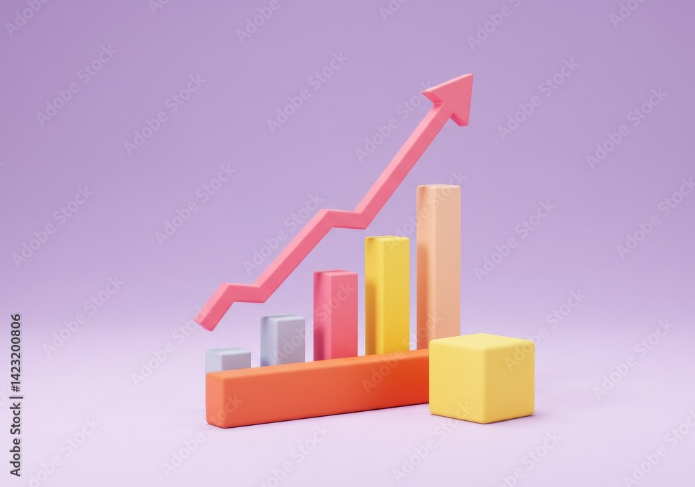 Pastel chart with arrow showing growth on a purple background in a stylized render style scene Pastel chart with arrow showing growth on a purple background in a stylized render style scene